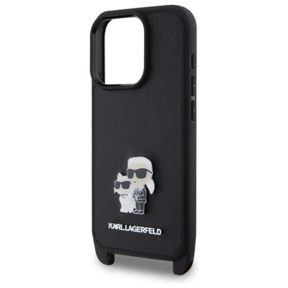Karl Lagerfeld Saffiano Karl & Choupette Metal Pin CBDY Strap – dėklas skirtas iPhone 16 Pro (juodas)