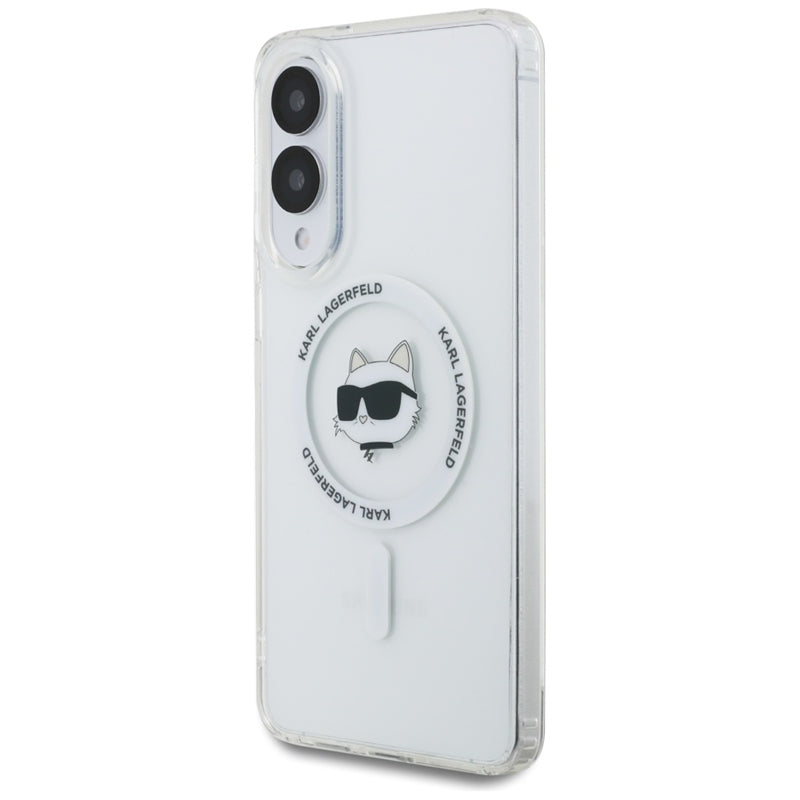 Karl Lagerfeld Dėklas Samsung Galaxy S25 Edge, su Choupette galvos ir logotipų atvaizdais, MagSafe, baltas