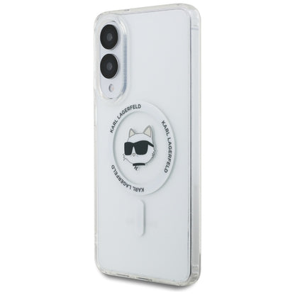 Karl Lagerfeld Dėklas Samsung Galaxy S25 Edge, su Choupette galvos ir logotipų atvaizdais, MagSafe, baltas