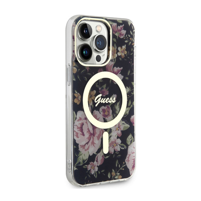 Guess Flower MagSafe – dėklas „iPhone 14 Pro Max“ (juodas)