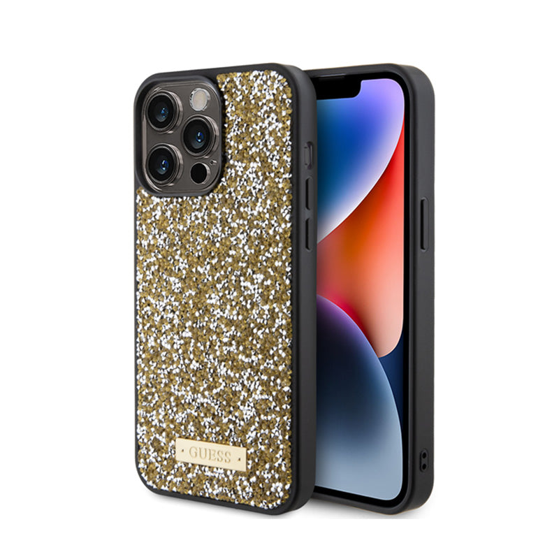 Guess Rhinestone Metal Logo – dėklas iPhone 15 Pro Max (geltonas)