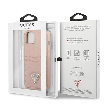 Guess Saffiano Double Card Triangle – dangtis, skirtas iPhone 13 mini (rožinis)