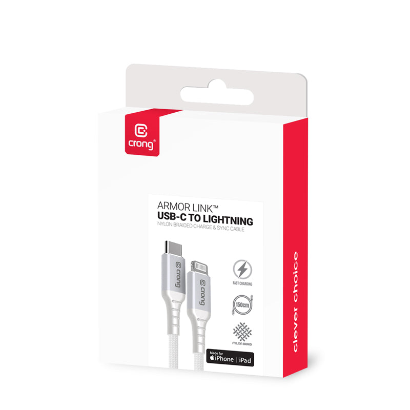 Crong Armor Link – USB-C Lightning greito įkrovimo MFi laidas 150cm (baltas)