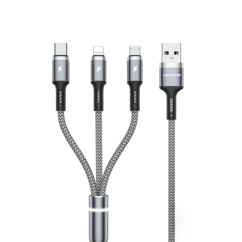WEKOME WDC-119 Fython serija - 3-in-1 USB-A į Lightning + USB-C + Micro USB PD jungiamasis kabelis 1,2 m (sidabrinis)
