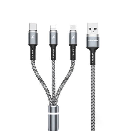 WEKOME WDC-119 Fython serija - 3-in-1 USB-A į Lightning + USB-C + Micro USB PD jungiamasis kabelis 1,2 m (sidabrinis)