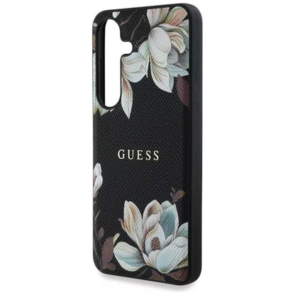 Guess Grained Printed Flower Pattern MagSafe – dėklas, skirtas Samsung Galaxy S25 (juodas)