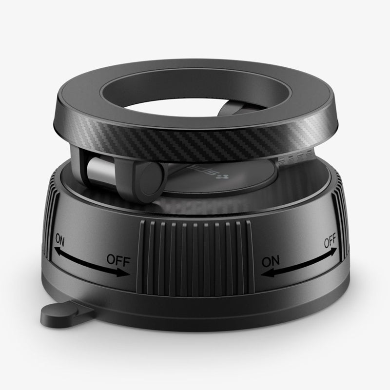 Spigen MFT36 - „MagSafe“ magnetinis automobilinis laikiklis prietaisų skydeliui ir priekiniam stiklui (juodas)