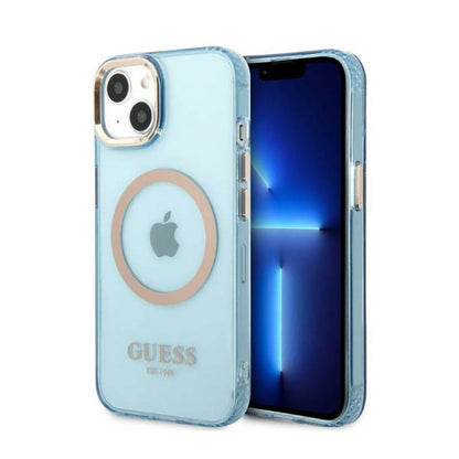 Guess Gold Outline permatomas MagSafe – dėklas iPhone 13 (mėlyna)