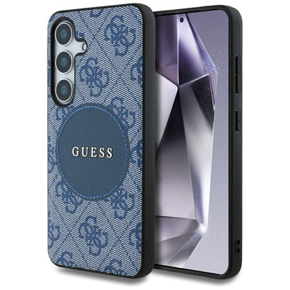 Guess 4G Round Patch Classic Logo MagSafe – dėklas, skirtas „Samsung Galaxy S25“ (mėlynas)