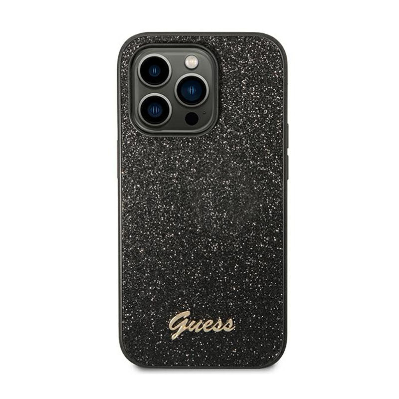 "Guess Glitter Flakes" metalinis dėklas su logotipu - "iPhone 14 Pro" dėklas (juodas)