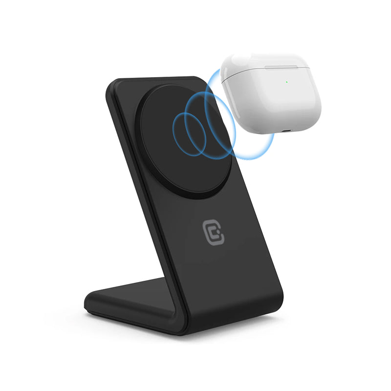 Crong MagSpot stovas – 2-in-1 belaidis įkroviklis su MagSafe, skirtas iPhone ir AirPods (šešėlinė juoda)