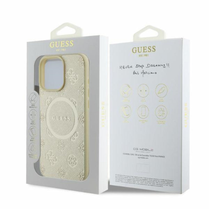 Guess Saffiano Peony Classic Logo MagSafe - "iPhone 16 Pro" dėklas (auksinis)