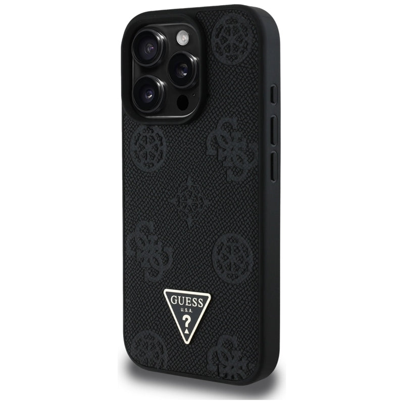 Guess Grained Hot Stamp Peony Triangle Logo MagSafe - dėklas skirtas iPhone 16 Pro (juodas)