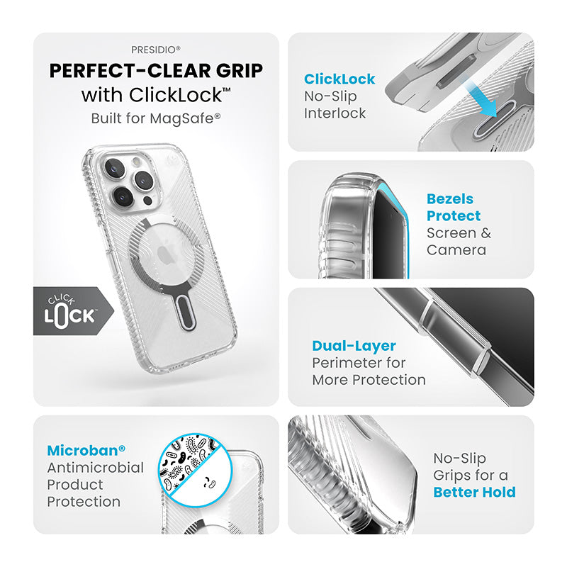 Speck Presidio Perfect-Clear Grip ClickLock & Magsafe – dėklas, skirtas iPhone 15 Pro (skaidrus / chromo apdaila / ramus sidabras)