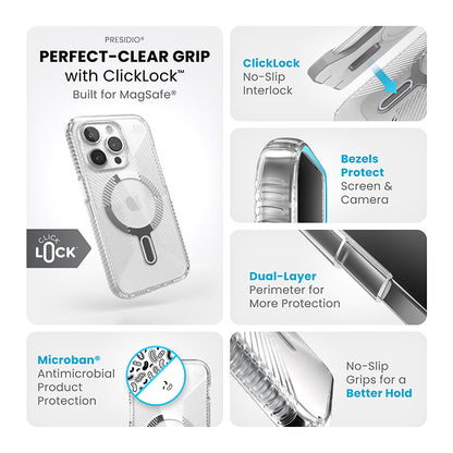 Speck Presidio Perfect-Clear Grip ClickLock & Magsafe – dėklas, skirtas iPhone 15 Pro (skaidrus / chromo apdaila / ramus sidabras)