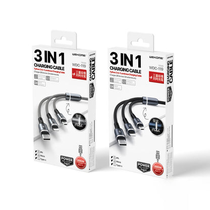 WEKOME WDC-119 Fython serija - 3-in-1 USB-A į Lightning + USB-C + Micro USB PD jungiamasis kabelis 1,2 m (sidabrinis)