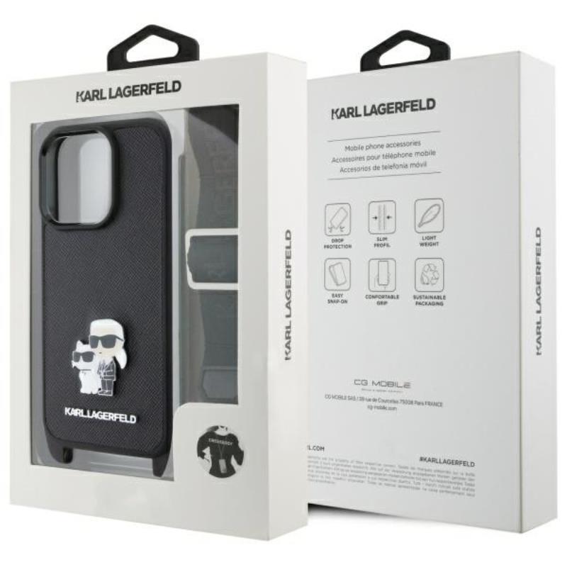 Karl Lagerfeld Saffiano Karl & Choupette Metal Pin CBDY Strap – dėklas skirtas iPhone 16 Pro (juodas)
