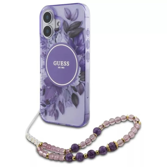 Guess IML Gėlės su perliniu dirželiu dėklas Apple iPhone 16 Plus (Violetinė)