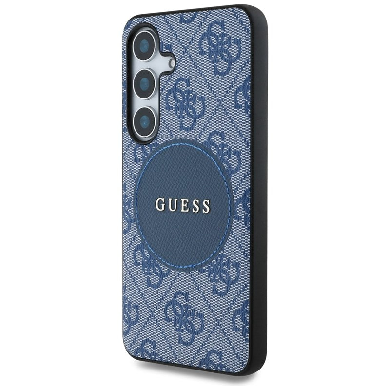 Guess 4G Round Patch Classic Logo MagSafe – dėklas, skirtas „Samsung Galaxy S25“ (mėlynas)