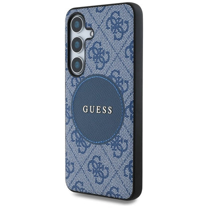 Guess 4G Round Patch Classic Logo MagSafe – dėklas, skirtas „Samsung Galaxy S25“ (mėlynas)