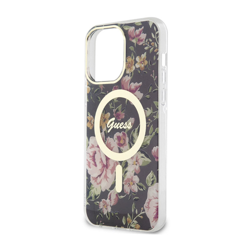 Guess Flower MagSafe – dėklas „iPhone 14 Pro Max“ (juodas)