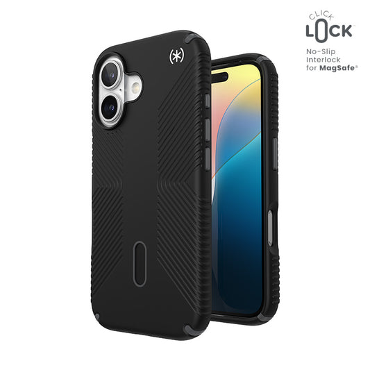 Speck Presidio2 Grip ClickLock & MagSafe – dėklas iPhone 16 (juoda / skalūno pilka / balta)
