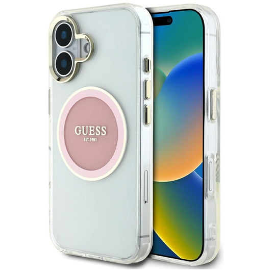 Guess IML Metal Colored Circle Classic Logo MagSafe – dėklas iPhone 16 (rožinis)