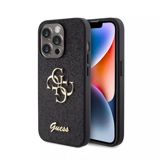 Guess Glitter Script Big 4G - Dėklas iPhone 15 Pro (juodas)