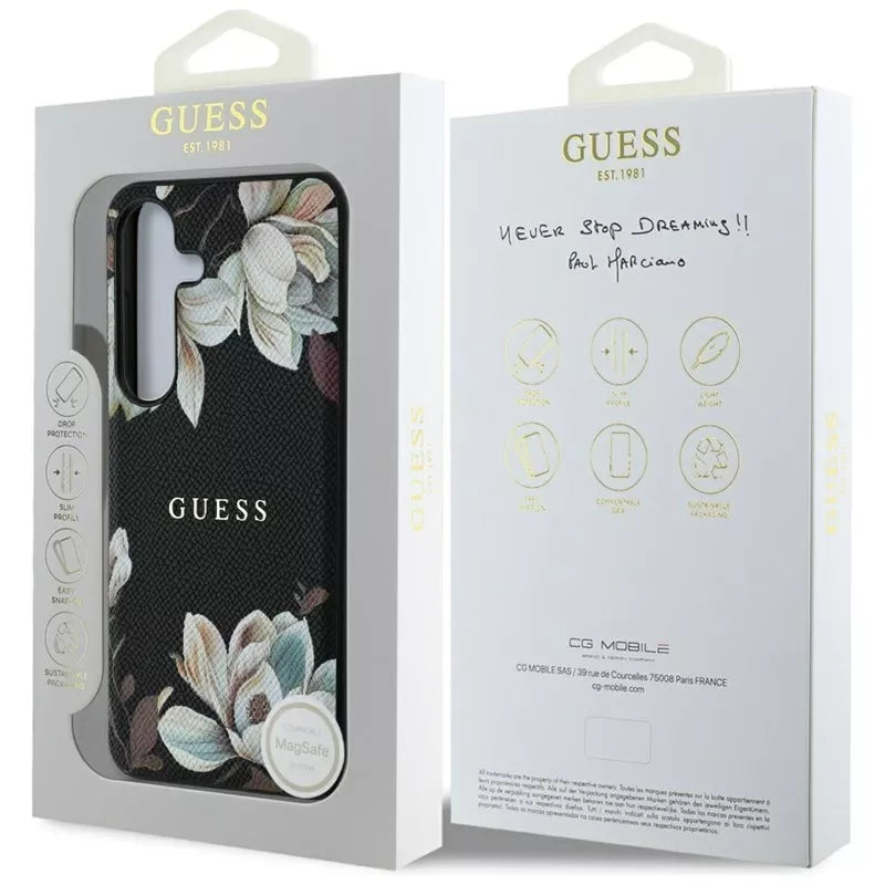 Guess Grained Printed Flower Pattern MagSafe – dėklas, skirtas Samsung Galaxy S25 (juodas)