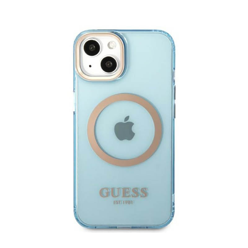 Guess Gold Outline permatomas MagSafe – dėklas iPhone 13 (mėlyna)