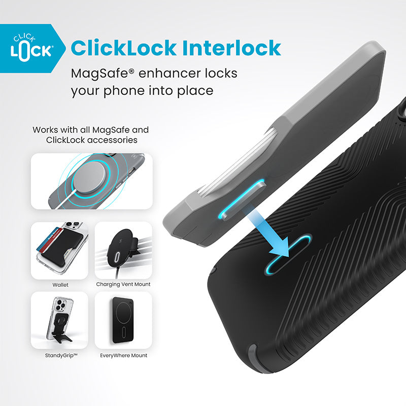 Speck Presidio2 Grip ClickLock & MagSafe – dėklas iPhone 16 (juoda / skalūno pilka / balta)