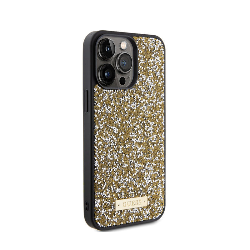 Guess Rhinestone Metal Logo – dėklas iPhone 15 Pro Max (geltonas)