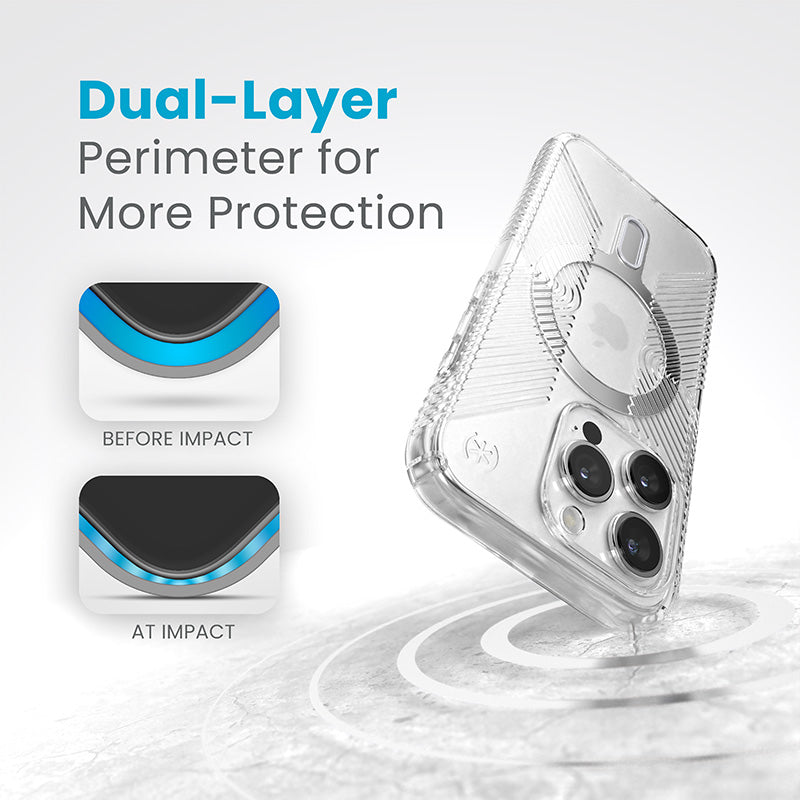 Speck Presidio Perfect-Clear Grip ClickLock & Magsafe – dėklas, skirtas iPhone 15 Pro (skaidrus / chromo apdaila / ramus sidabras)