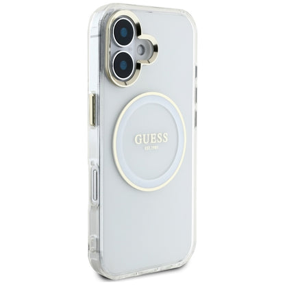Guess IML Metal Colored Circle Classic Logo MagSafe – dėklas, skirtas „iPhone 16“ (baltas)