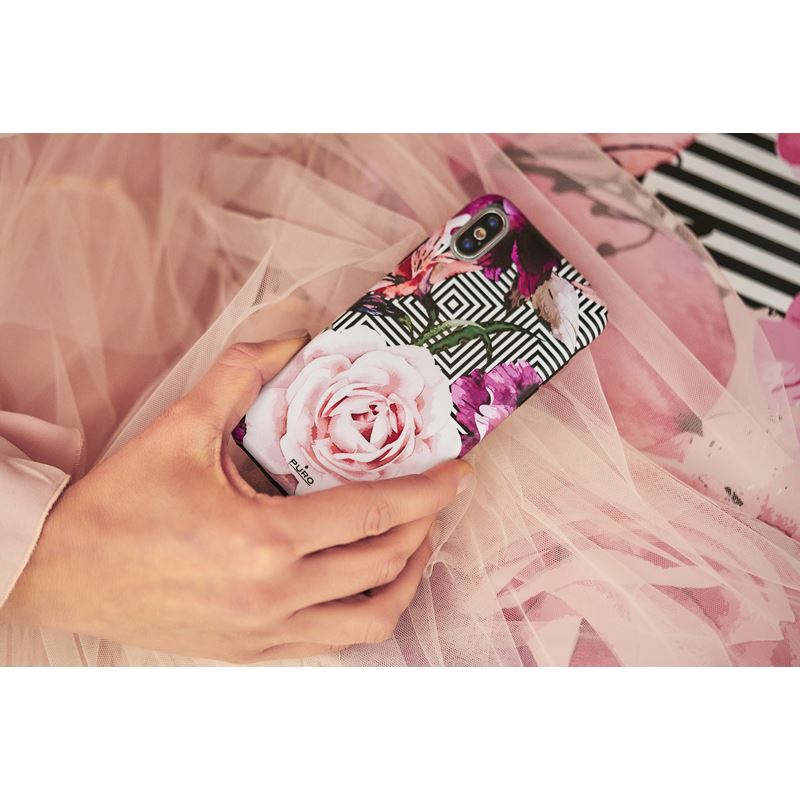 PURO Glam Geo Flowers - „iPhone Xs“ / „X“ dėklas (rožiniai bijūnai)