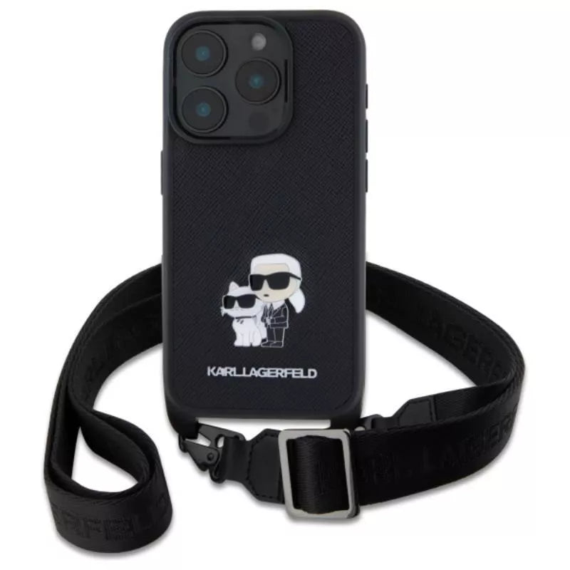 Karl Lagerfeld Saffiano Karl & Choupette Metal Pin CBDY dirželis – dėklas, skirtas iPhone 16 Pro Max (juodas)