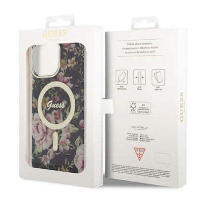 Guess Flower MagSafe – dėklas „iPhone 14 Pro Max“ (juodas)