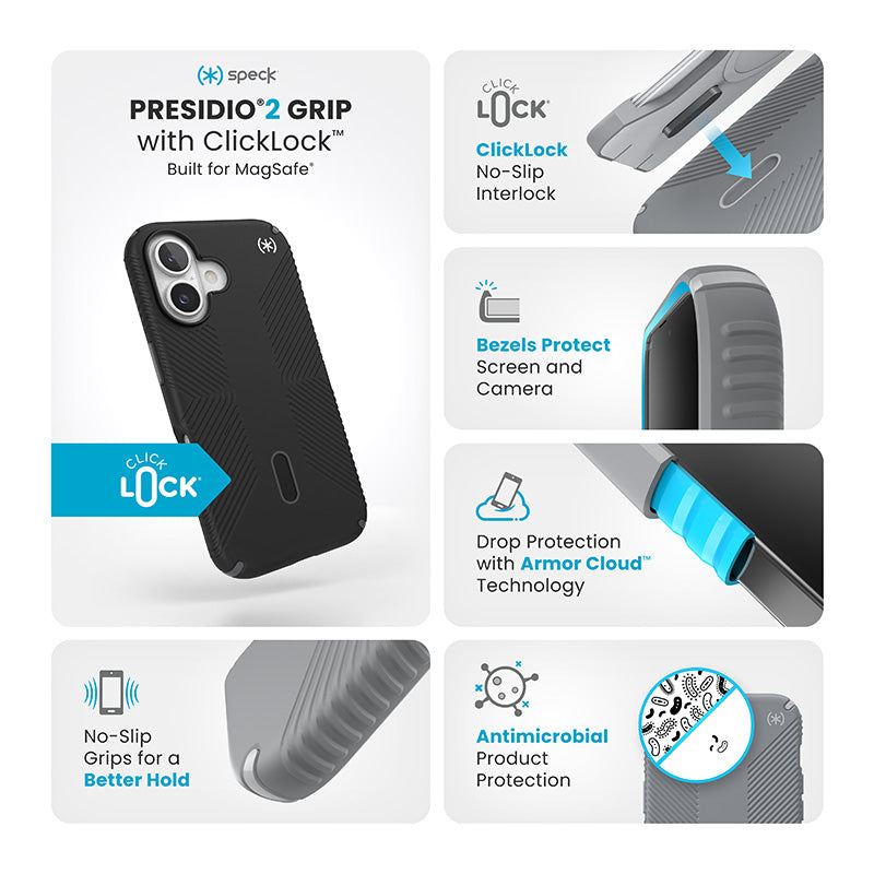 Speck Presidio2 Grip ClickLock & MagSafe – dėklas iPhone 16 (juoda / skalūno pilka / balta)