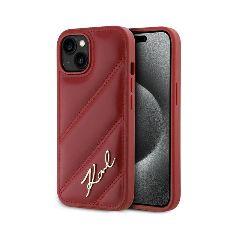 Karl Lagerfeld Diagonal Quilted Script – dėklas, skirtas iPhone 15 / 14 / 13 (raudonas)