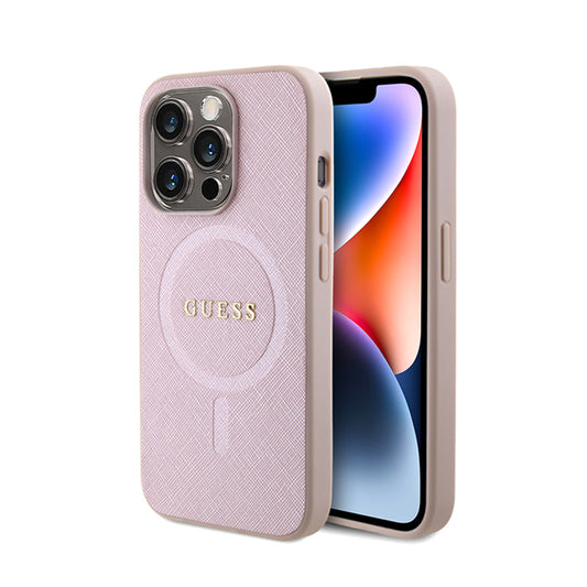 Guess Saffiano MagSafe – dėklas, skirtas „iPhone 15 Pro“ (rožinis)