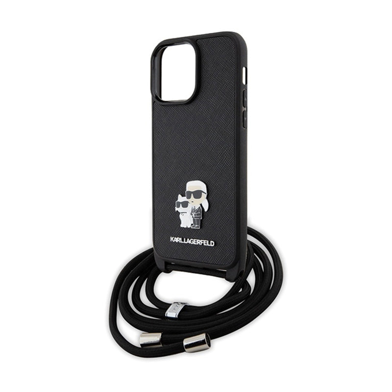 Karl Lagerfeld Crossbody Saffiano Metal Pin Karl & Choupette – dėklas, skirtas iPhone 14 Pro Max (juodas)