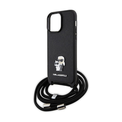 Karl Lagerfeld Crossbody Saffiano Metal Pin Karl & Choupette – dėklas, skirtas iPhone 14 Pro Max (juodas)