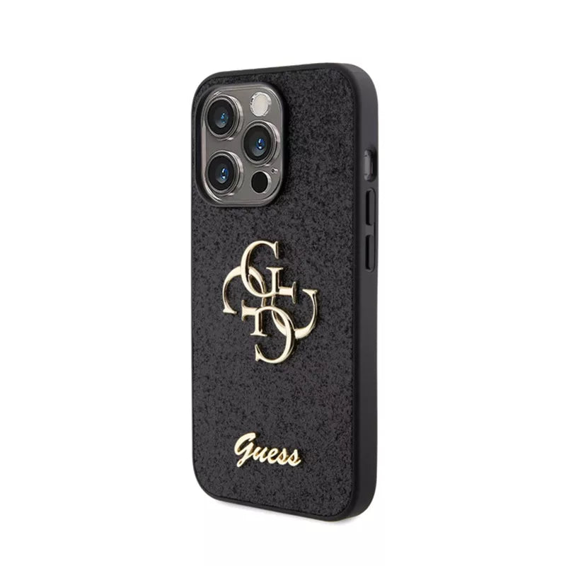 Guess Glitter Script Big 4G - Dėklas iPhone 15 Pro (juodas)