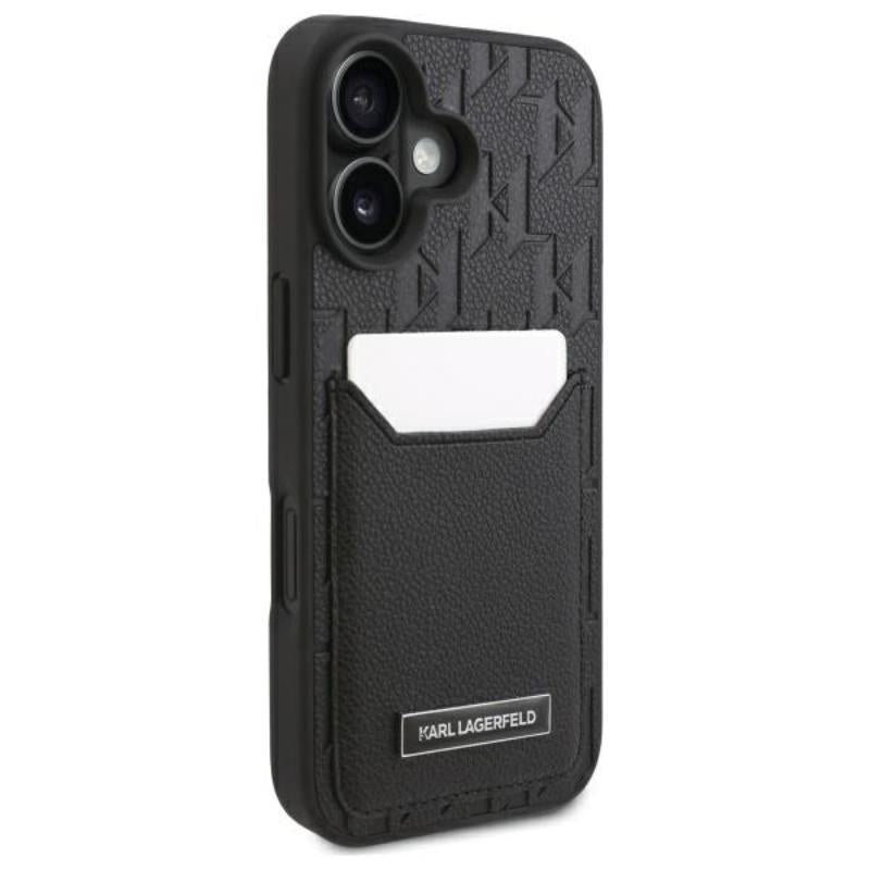 Karl Lagerfeld Monogram dėklas su kortelių lizdais, skirtas iPhone 16 (juodas)