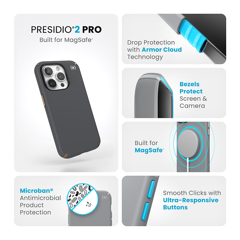 Speck Presidio2 Pro Magsafe - iPhone 15 Pro dėklas (anglies pilka / vėsi bronza / balta)