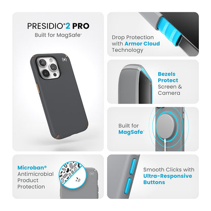 Speck Presidio2 Pro Magsafe - iPhone 15 Pro dėklas (anglies pilka / vėsi bronza / balta)