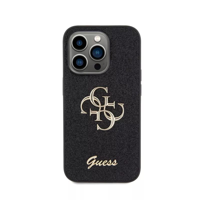 Guess Glitter Script Big 4G - Dėklas iPhone 15 Pro (juodas)
