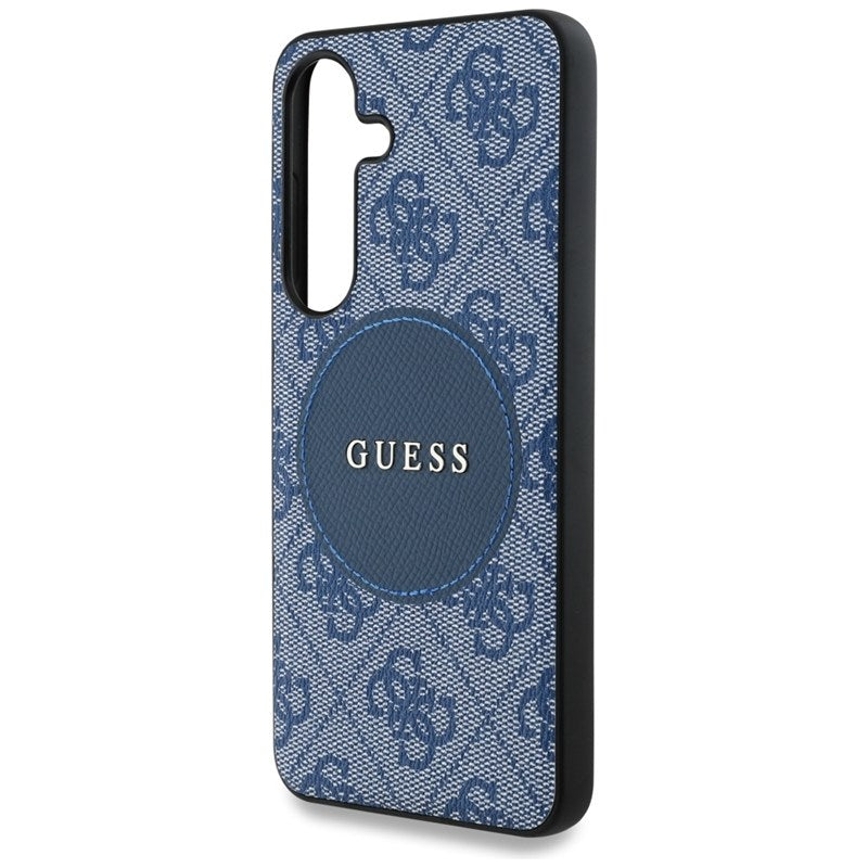 Guess 4G Round Patch Classic Logo MagSafe – dėklas, skirtas „Samsung Galaxy S25“ (mėlynas)