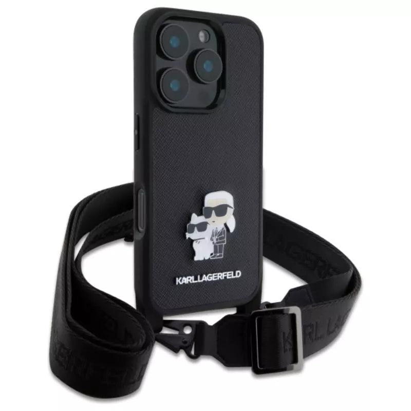 Karl Lagerfeld Saffiano Karl & Choupette Metal Pin CBDY dirželis – dėklas, skirtas iPhone 16 Pro Max (juodas)