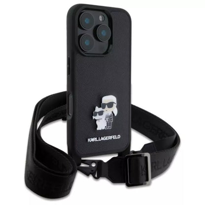 Karl Lagerfeld Saffiano Karl & Choupette Metal Pin CBDY dirželis – dėklas, skirtas iPhone 16 Pro Max (juodas)